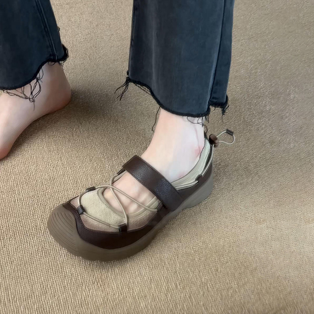 羊皮版~运动风丑萌复古圆头厚底软底玛丽珍鞋女小众日常通勤单鞋主图