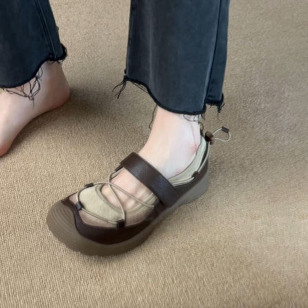 羊皮版~运动风丑萌复古圆头厚底软底玛丽珍鞋女小众日常通勤单鞋