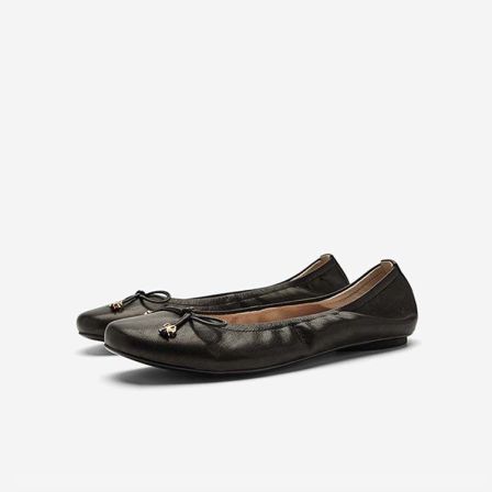Nine West/玖熙优雅黑色蝴蝶结芭蕾鞋女软牛皮浅口平底鞋百搭单鞋