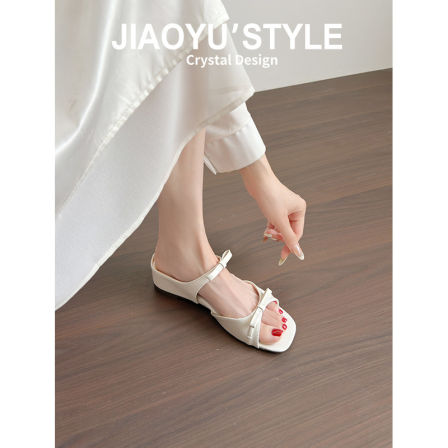 真皮~骄屿蝴蝶结凉鞋女2026新款法式绝美露趾一字凉拖鞋女夏外穿