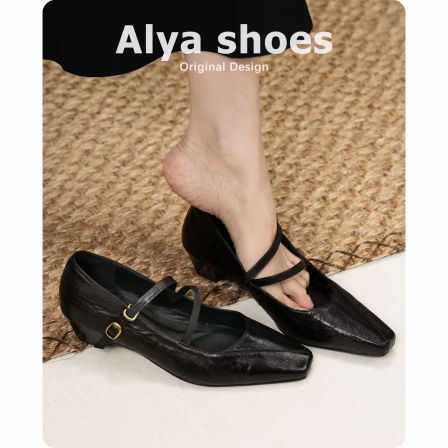 羊皮版~粗跟方头气质单鞋女真皮复古工作鞋法式绝美百搭玛丽珍鞋