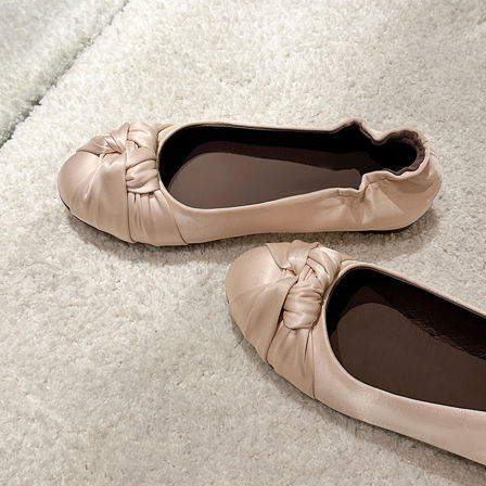 羊皮版~复古时尚温柔风蝴蝶结圆头显瘦平底单鞋女一脚蹬芭蕾舞鞋