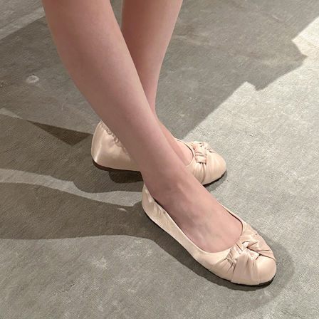羊皮版~法式高级绸缎面一脚蹬单鞋女小众扭结圆头平底晚风芭蕾鞋