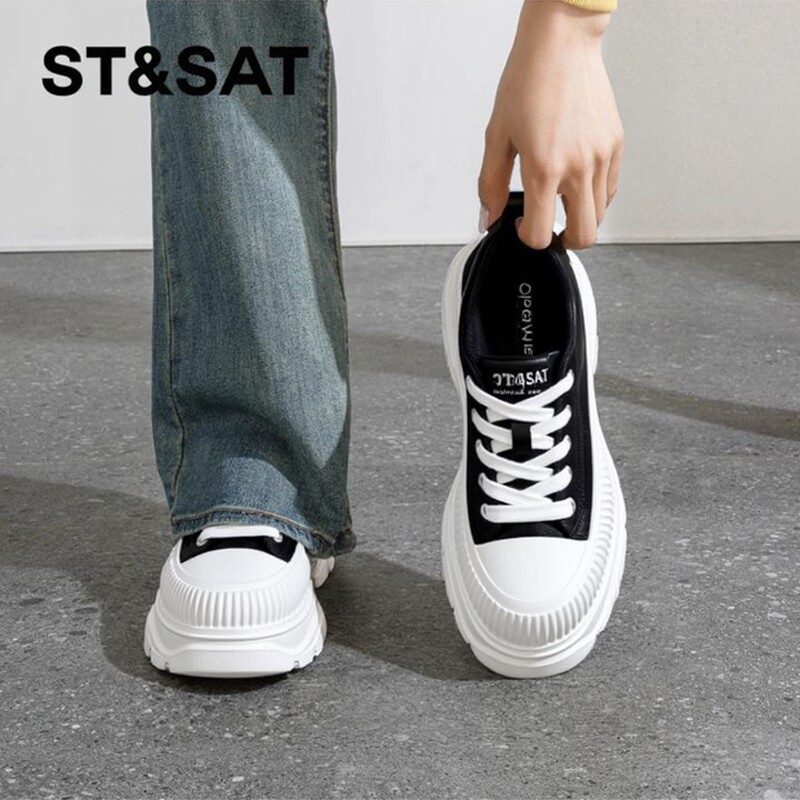 星期六黑色帆布鞋女2026新款春季厚底增高松糕底休闲板鞋子老爹鞋主图