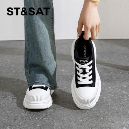 星期六黑色帆布鞋女2026新款春季厚底增高松糕底休闲板鞋子老爹鞋