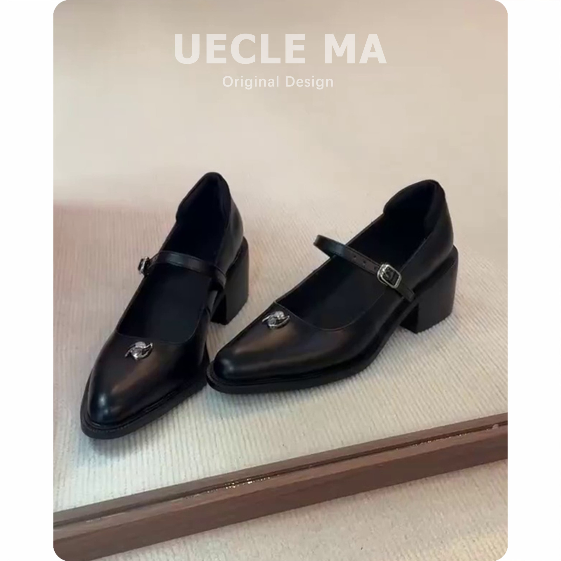 羊皮版~小圆头法式单鞋女绝美不累脚高跟鞋粗跟浅口气质玛丽珍鞋主图