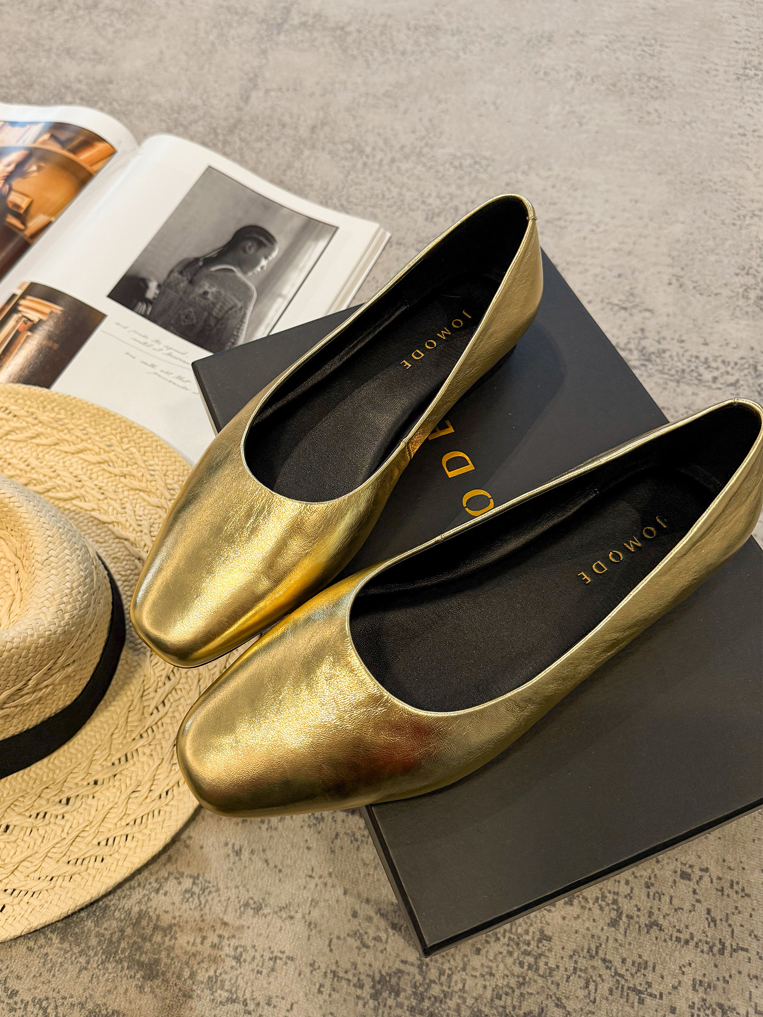 JOMODE 金色方头芭蕾舞鞋女平底浅口一脚蹬春夏百搭单鞋主图