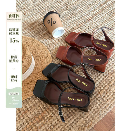 蕾英俊【暮野】法式复古方头粗跟凉鞋夏一字带露趾通勤气质高跟鞋