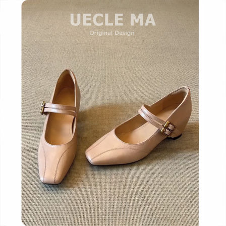 头层羊皮~方头复古内增高玛丽珍鞋双带扣百搭通勤浅口法式单鞋女