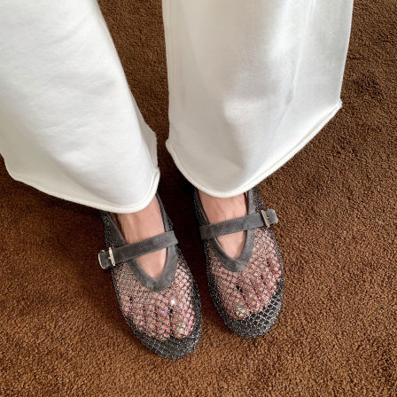 3.23日新品鞋大师2026夏季新款玛丽珍单鞋女钻石渔网平底鞋