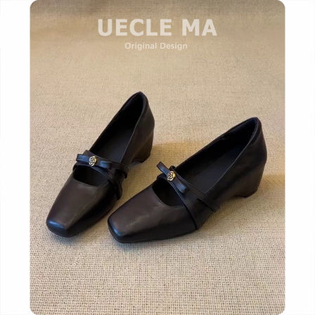 羊皮版~内增高法式单鞋女绝美不累脚芭蕾鞋黑色方头复古玛丽珍鞋