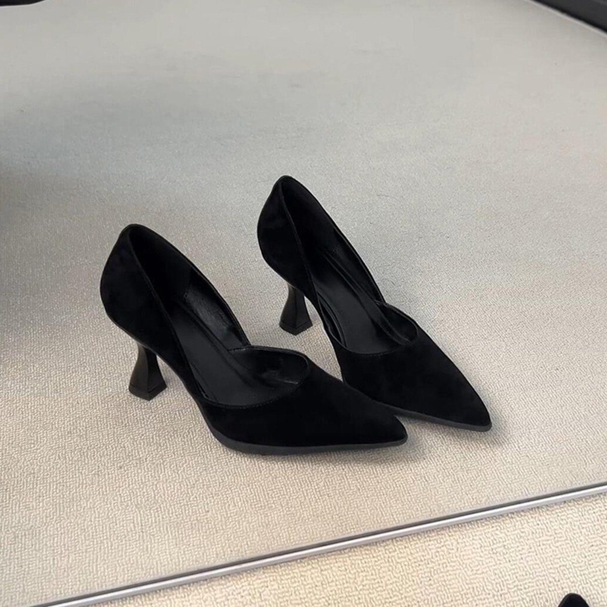 羊皮版~黑色尖头浅口软底单鞋女高跟通勤优雅气质百搭细跟职业鞋主图