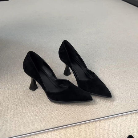 羊皮版~黑色尖头浅口软底单鞋女高跟通勤优雅气质百搭细跟职业鞋