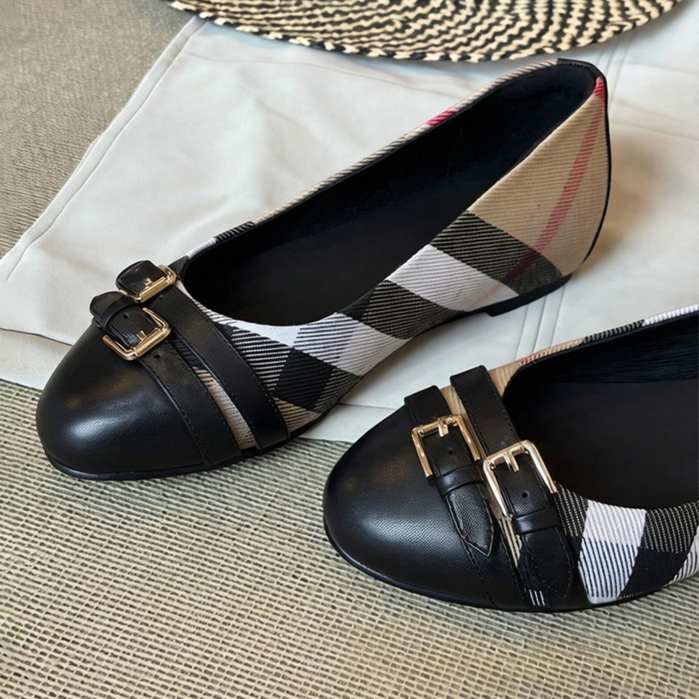 羊皮版~圆头法式复古皮带扣格纹内增高单鞋浅口一脚蹬中古芭蕾鞋主图