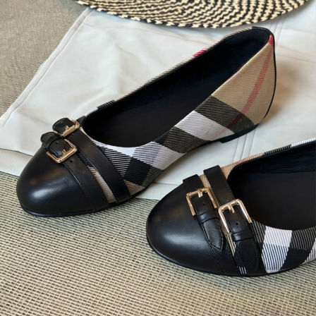 羊皮版~圆头法式复古皮带扣格纹内增高单鞋浅口一脚蹬中古芭蕾鞋