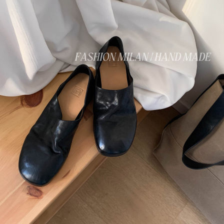 F.M僧侣鞋女复古做旧真皮粗跟一脚蹬单鞋圆头穆勒鞋百搭乐福鞋