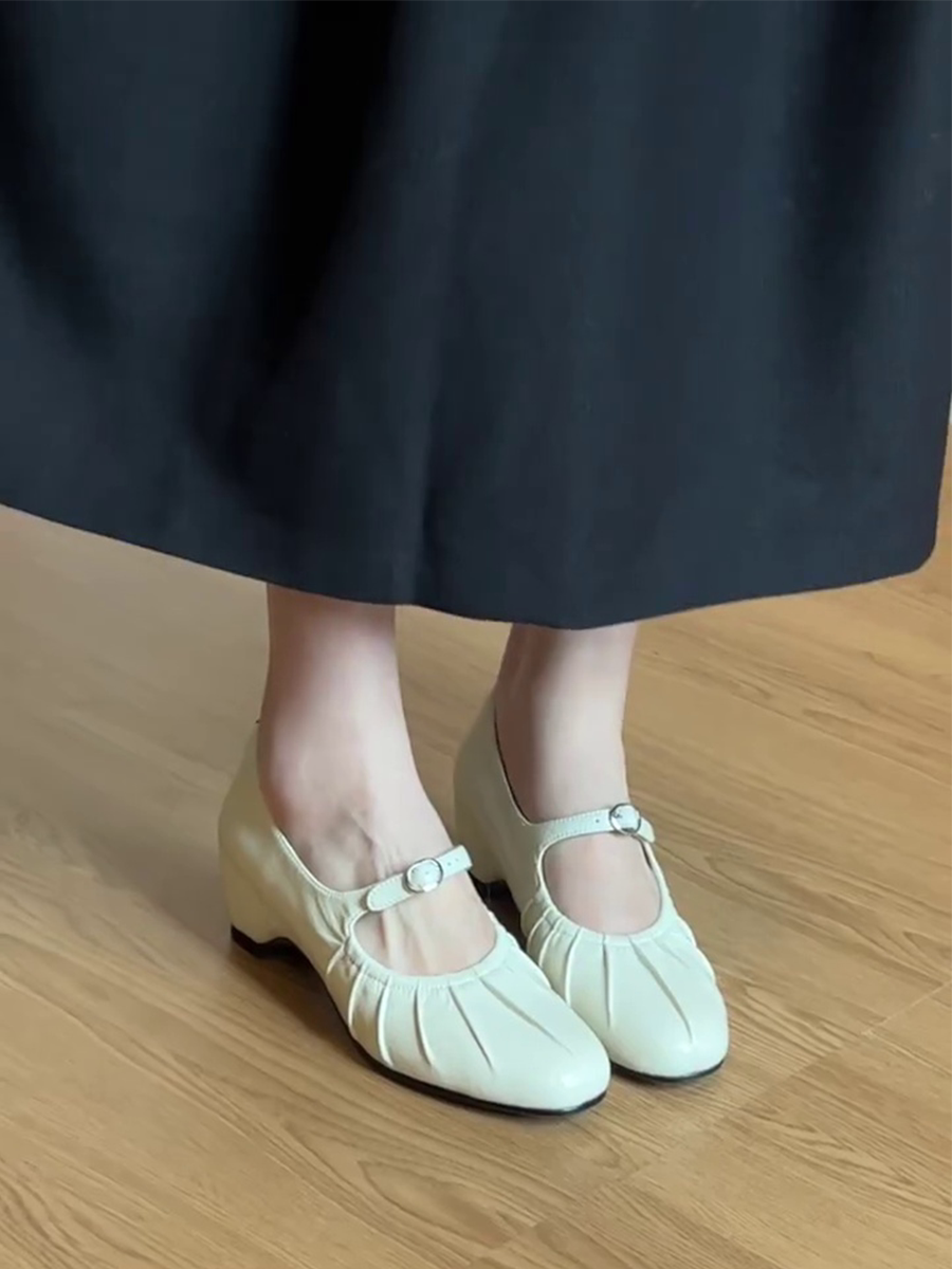 羊皮版~通勤单鞋韩式浅口橡胶底时尚潮流法式复古搭扣褶皱玛丽珍主图