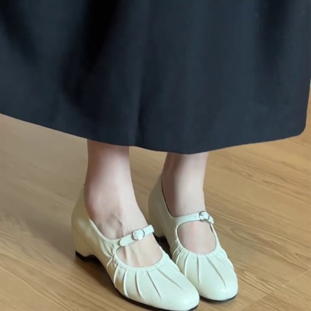 羊皮版~通勤单鞋韩式浅口橡胶底时尚潮流法式复古搭扣褶皱玛丽珍