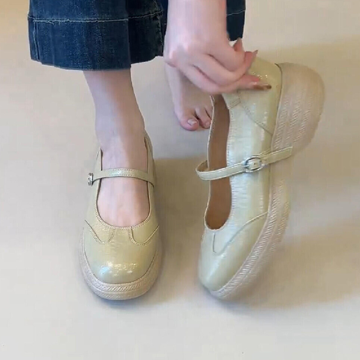羊皮版~韩系简约时尚圆头厚底小皮鞋女通勤不累脚一字带玛丽珍鞋主图