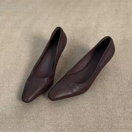 羊皮版~简约风气质尖头浅口单鞋女通勤职业工作鞋高级百搭高跟鞋