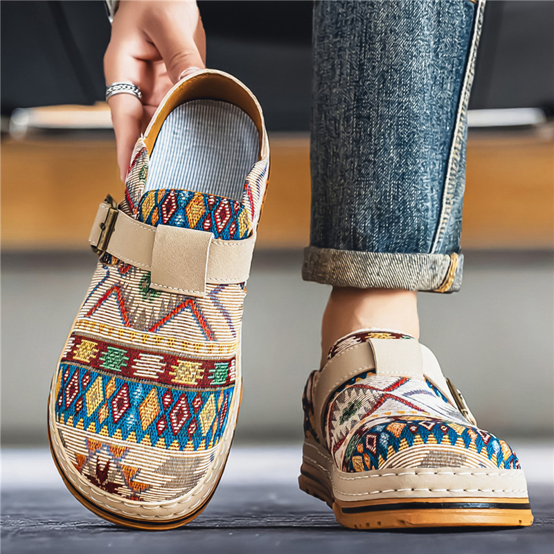 帆布男鞋夏季透气办公室工作包头半拖鞋男士休闲一脚蹬老北京布鞋主图