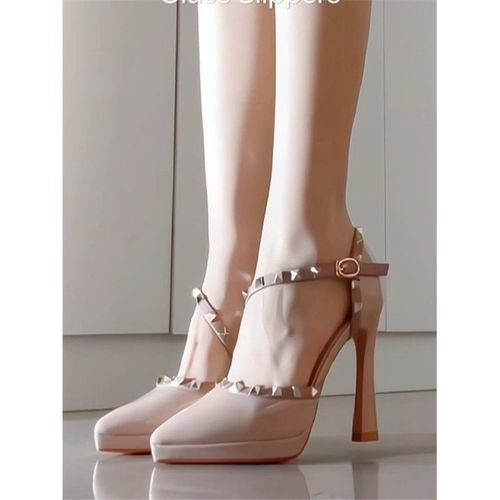 不累脚裸色超高跟鞋女日常百搭气质粗跟防水台铆钉时尚包头凉鞋女主图