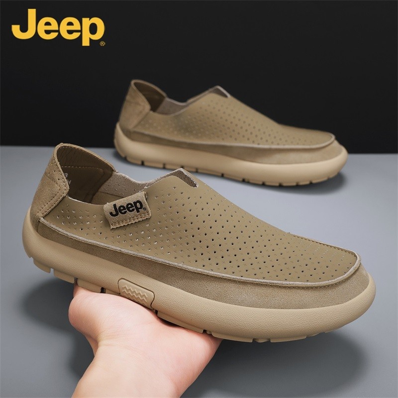 JEEP/吉普男鞋冲孔皮鞋一脚蹬透气低帮休闲鞋轻便软底懒人秒穿鞋主图
