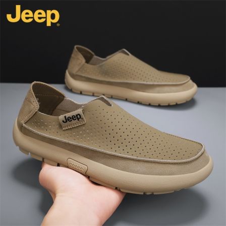 JEEP/吉普男鞋冲孔皮鞋一脚蹬透气低帮休闲鞋轻便软底懒人秒穿鞋