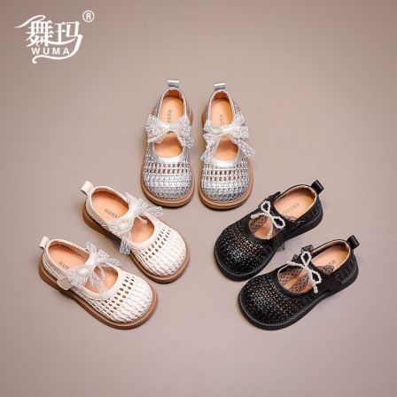 舞玛女童鞋儿童鞋2026夏季新款软底网面蝴蝶结镂空凉鞋626067