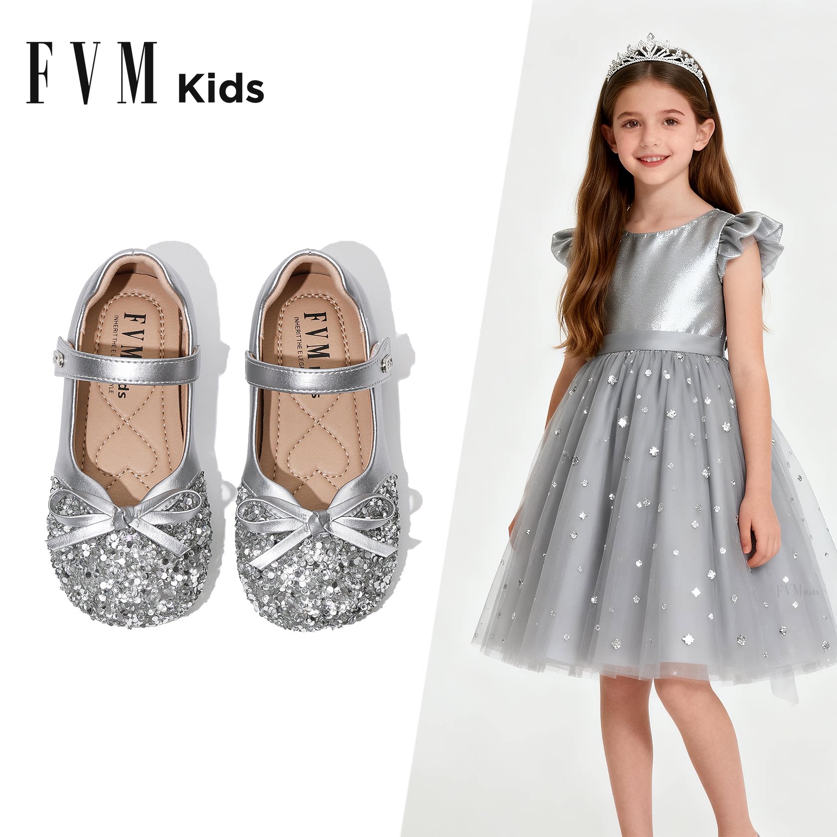 FVM女童鞋子儿童银色艾莎公主水晶小皮鞋2026新款春季软底亮晶晶主图