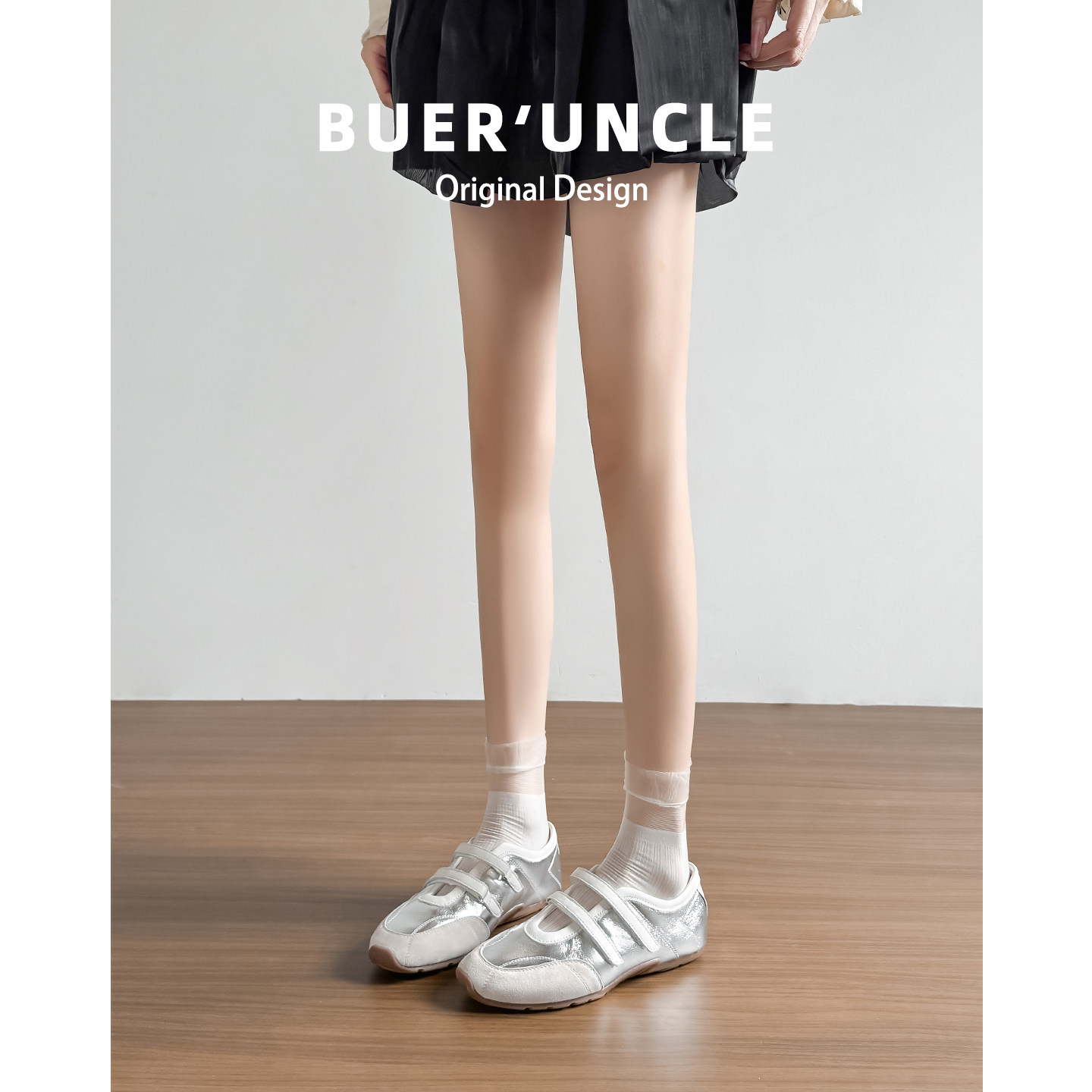 真皮~内增高银色单鞋女2026新款魔术贴休闲运动芭蕾玛丽珍德训鞋主图