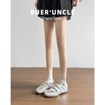 真皮~内增高银色单鞋女2026新款魔术贴休闲运动芭蕾玛丽珍德训鞋