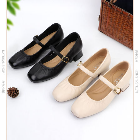 自然小铺 2026春季新款【羊皮】高跟鞋真皮单鞋粗跟一字扣小皮鞋