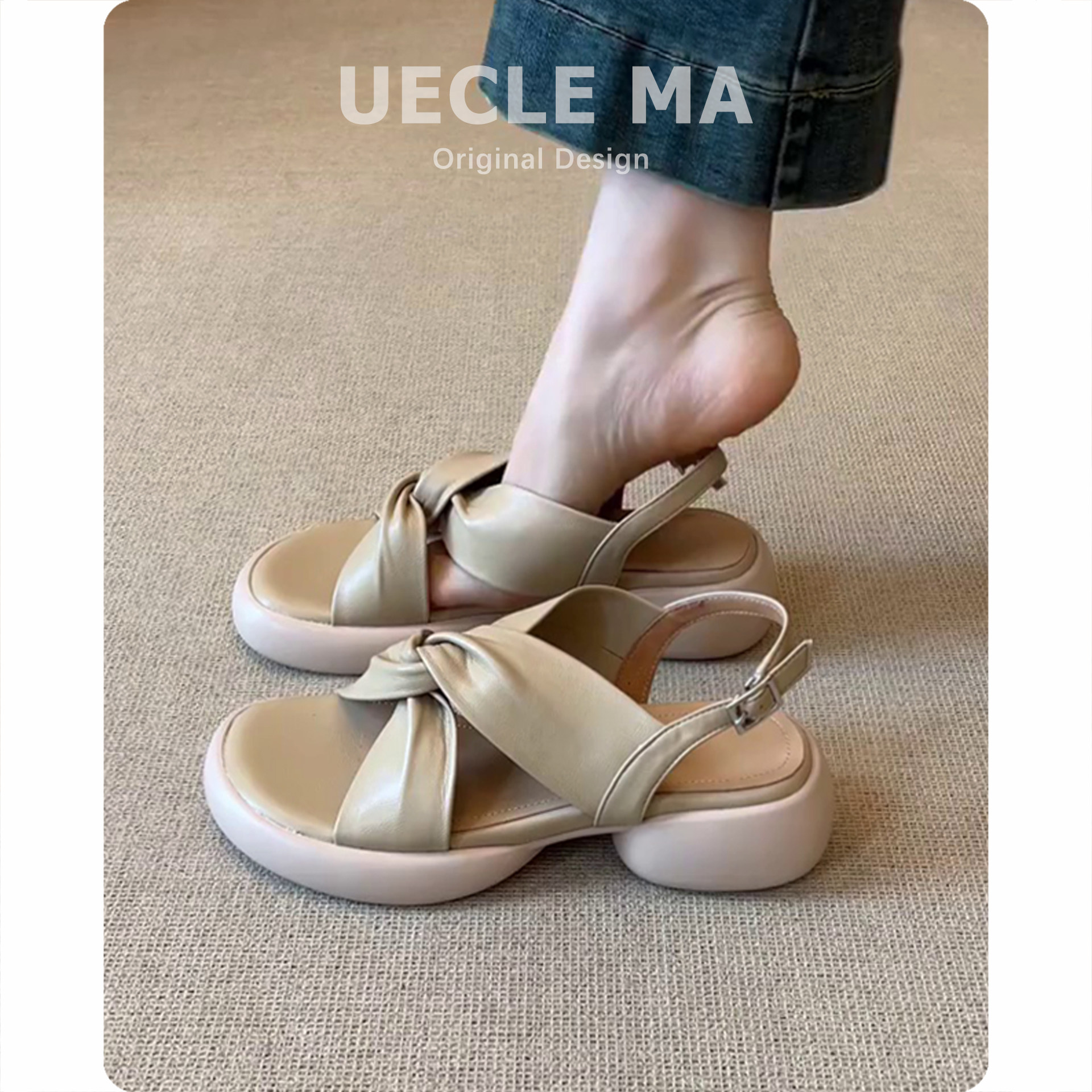 羊皮~厚底凉鞋女夏外穿法式露趾配裙子绝美不累脚百搭沙滩罗马鞋主图