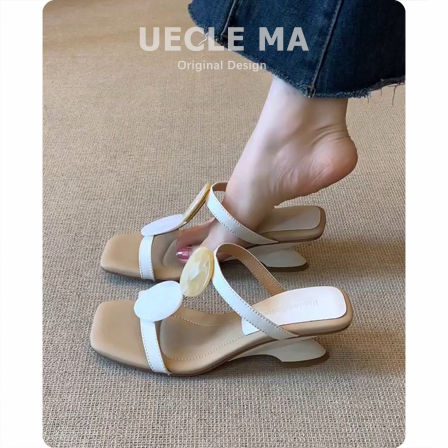 羊皮版~坡跟拖鞋女外穿夏小众高跟度假贵妇简约百搭复古露趾凉鞋