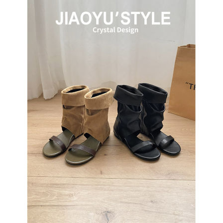 真皮~骄屿法式复古镂空露趾凉靴女夏外穿简约一字凉鞋内增高短靴