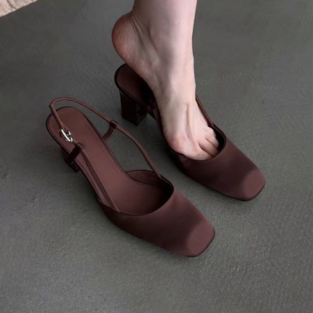 羊皮版~法式复古简约方头高跟鞋后空一字带浅口气质粗跟包头凉鞋