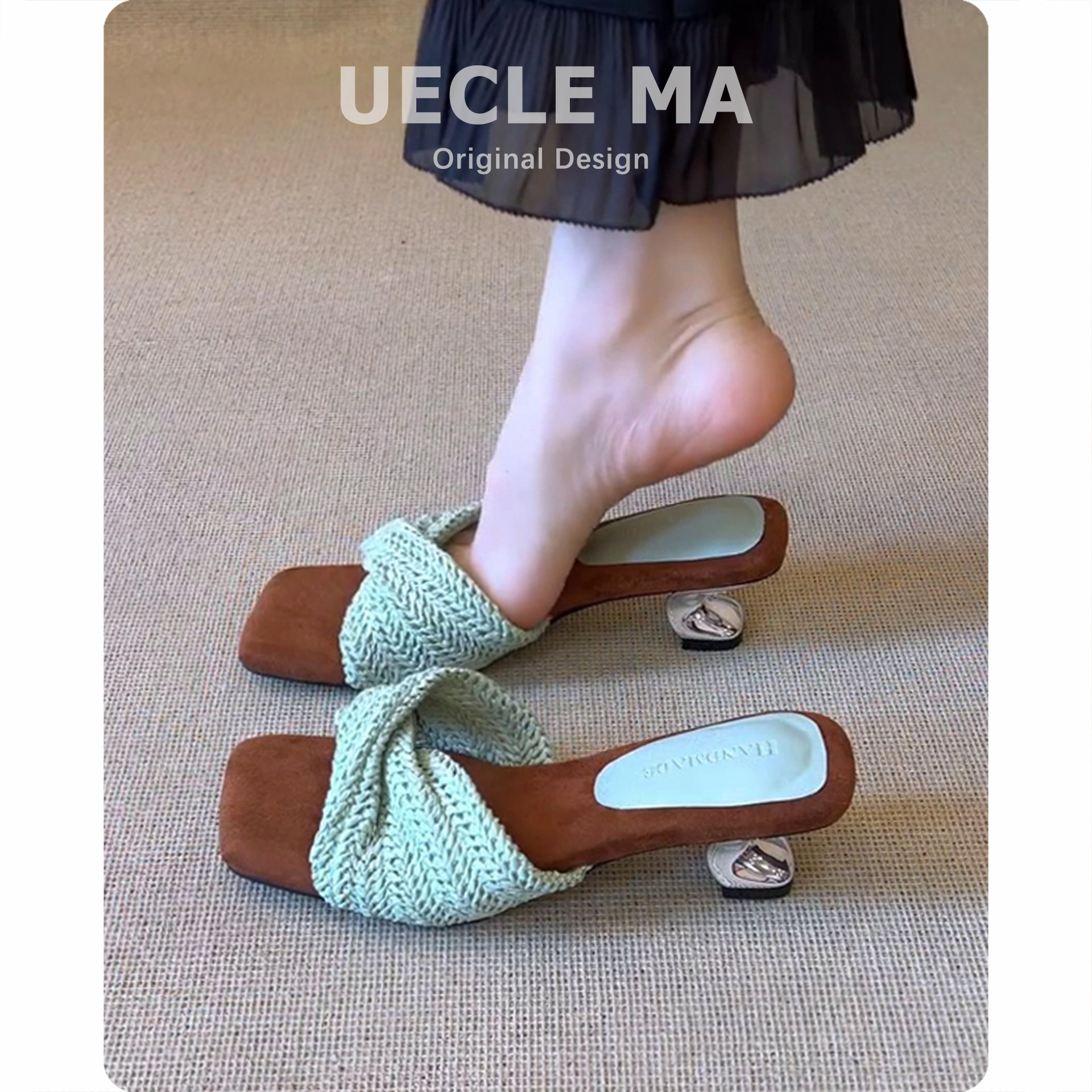 羊皮版~小众编织风通勤拖鞋女外穿夏高跟粗跟度假漏趾贵妇凉拖鞋主图