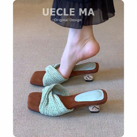 羊皮版~小众编织风通勤拖鞋女外穿夏高跟粗跟度假漏趾贵妇凉拖鞋