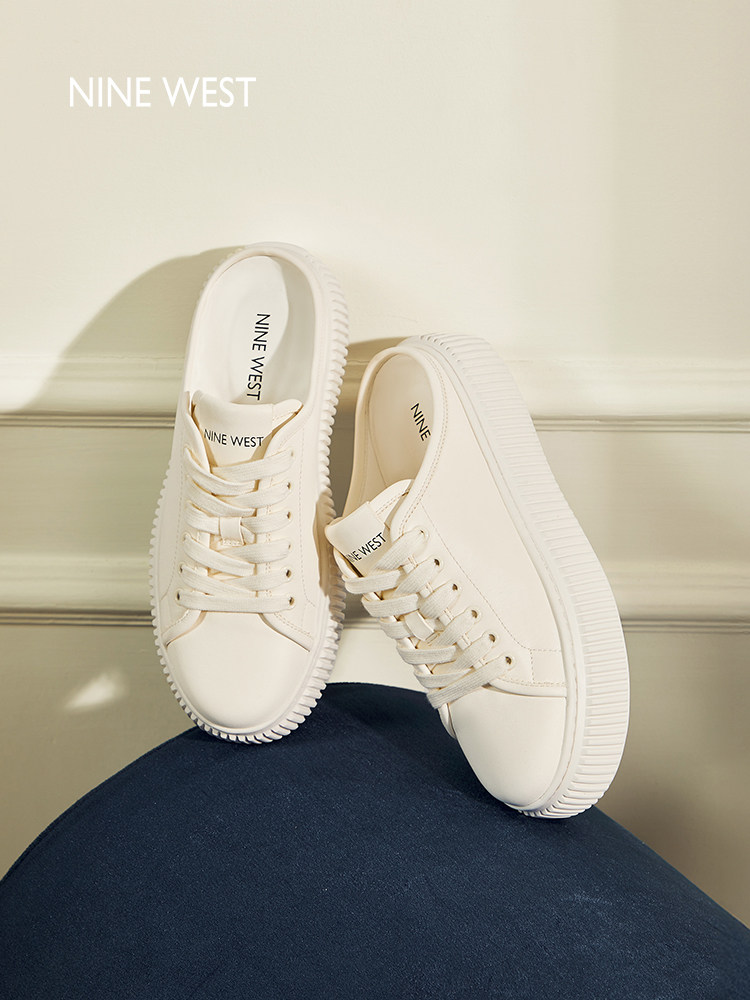 Nine West/玖熙厚底包头半拖鞋女米白色系带饼干鞋百搭增高小白鞋主图