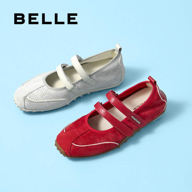 百丽女鞋酒心糖玛丽珍鞋双魔术贴红色休闲鞋德训鞋主图