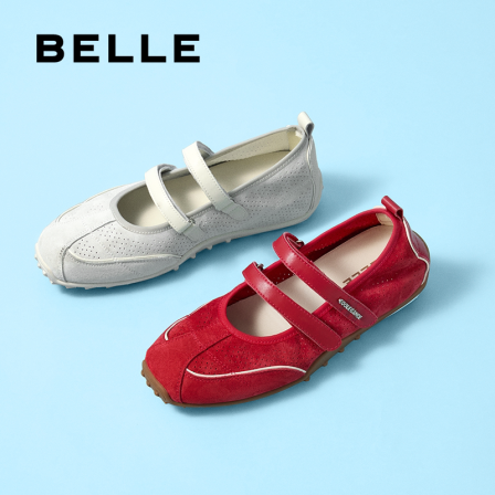 百丽女鞋酒心糖玛丽珍鞋双魔术贴红色休闲鞋德训鞋