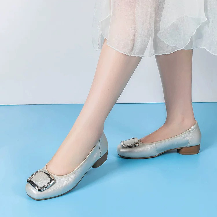 真牛皮2026春秋季新款中跟软底浅口真皮包鞋方头蛋卷鞋女主图