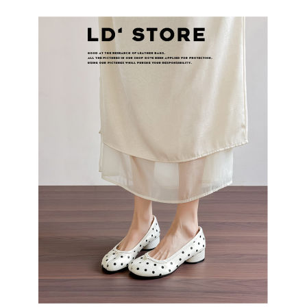 真皮~法式波点分趾单鞋女2026春新款一脚蹬粗跟浅口玛丽珍猪蹄鞋