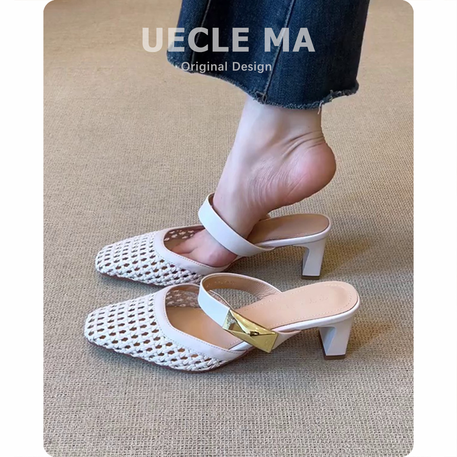 羊皮版~包头半拖鞋女夏外穿高跟拖鞋粗跟洞洞鞋一脚蹬透气凉单鞋主图