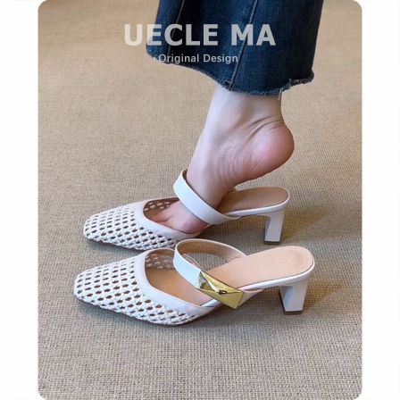 羊皮版~包头半拖鞋女夏外穿高跟拖鞋粗跟洞洞鞋一脚蹬透气凉单鞋