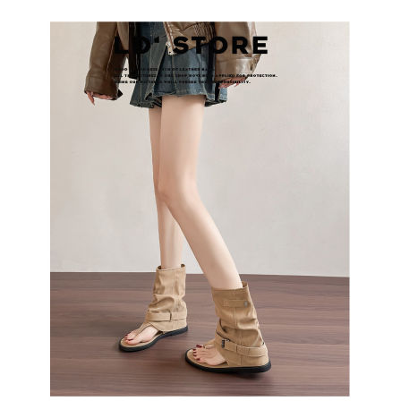 6cm内增高~真皮夹趾罗马凉靴女夏季新款褶皱裤管堆堆短靴人字凉鞋