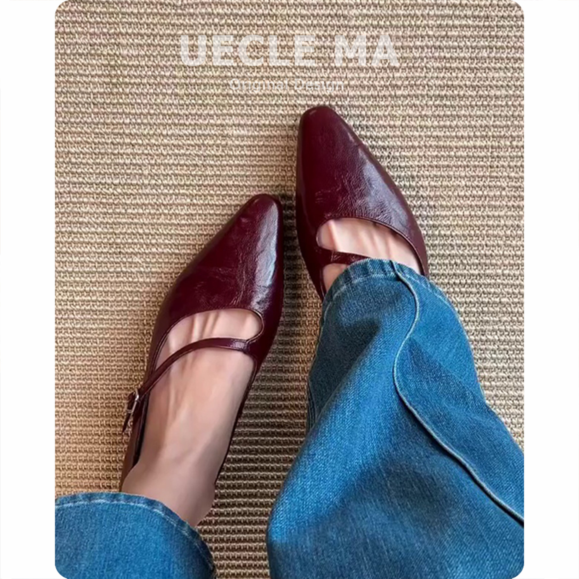 真皮~法式复古尖头浅口单鞋女软皮百搭舒适小皮鞋酒红色玛丽珍鞋主图