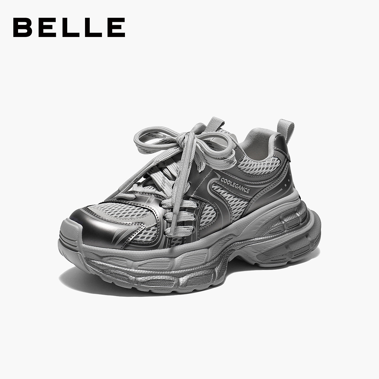 百丽女鞋厚底增高网面透气银灰色老爹鞋26春休闲鞋主图