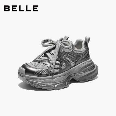百丽女鞋厚底增高网面透气银灰色老爹鞋26春休闲鞋